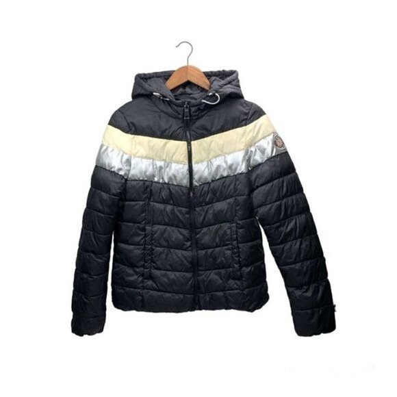 Steve Madden Striped Hip Length Puffer Jacket - Black/White, Size Medium Juniors - Picture 1 of 10
